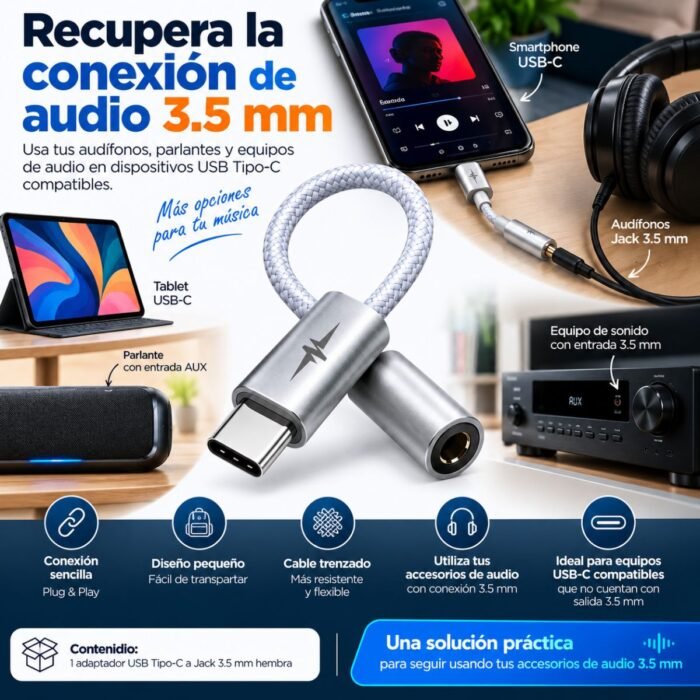 Adaptador de Audio USB Tipo-C Macho a Jack 3.5 mm Hembra Adaptador de Audio USB Tipo-C Macho a Jack 3.5 mm Hembra