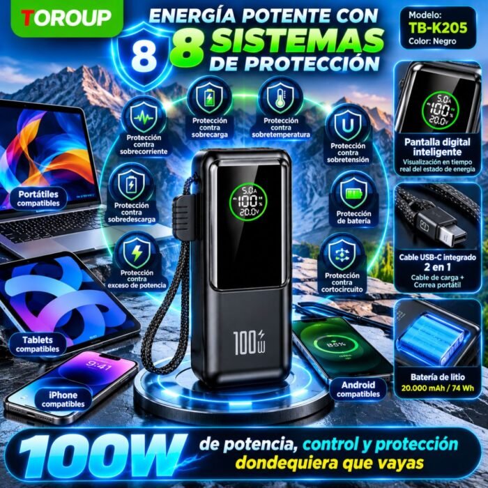 Power Bank TOROUP 20.000 mAh 100W PD/SCP con Cable USB-C Integrado y Pantalla Digital