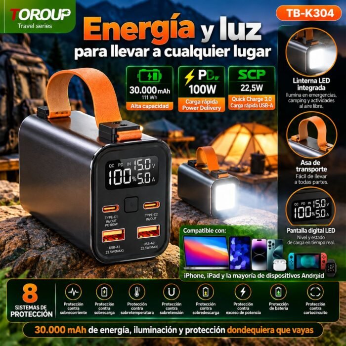 Power Bank TOROUP 30.000 mAh 100W PD con Linterna LED, Pantalla Digital y Asa de Transporte Power Bank TOROUP 30.000 mAh 100W PD con Linterna LED, Pantalla Digital y Asa de Transporte