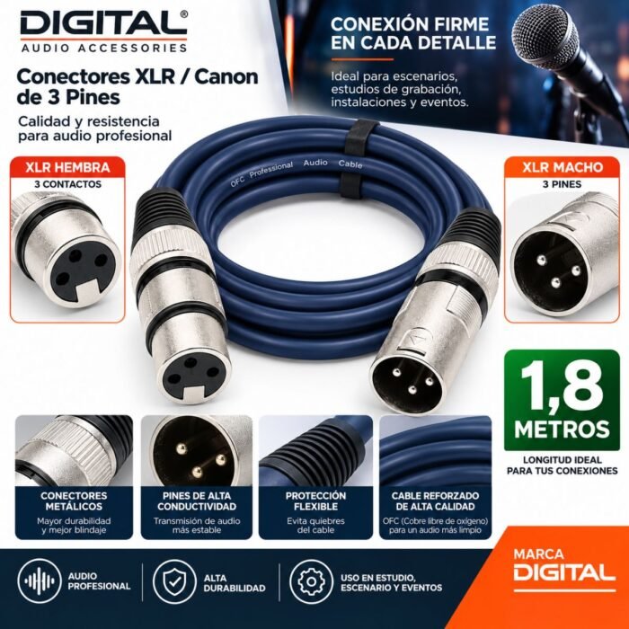 Cable de Audio DIGITAL XLR / Canon Macho a Hembra 3 Pines 1,8 Metros