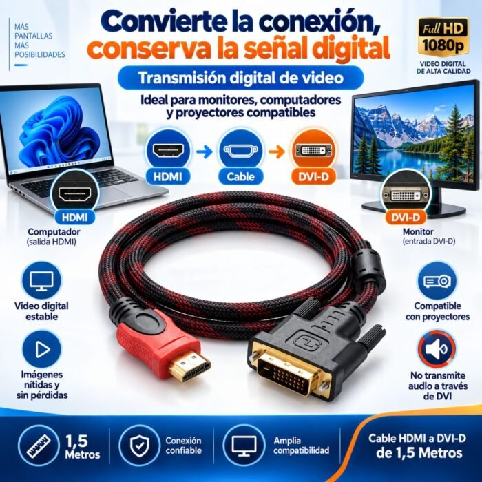 Cable HDMI Macho a DVI-D 24+1 Macho 1,5 Metros Trenzado Full HD