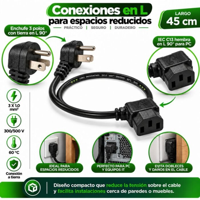 Cable de Poder para PC en L 90° 45 cm NEMA 5-15P a IEC C13 Hembra Cable de Poder para PC en L 90° 45 cm NEMA 5-15P a IEC C13 Hembra