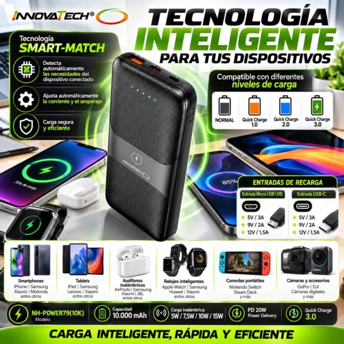 Power Bank Innovatech 10.000 mAh Carga Inalámbrica 15W PD 20W Quick Charge 3.0 Power Bank Innovatech 10.000 mAh Carga Inalámbrica 15W PD 20W Quick Charge 3.0