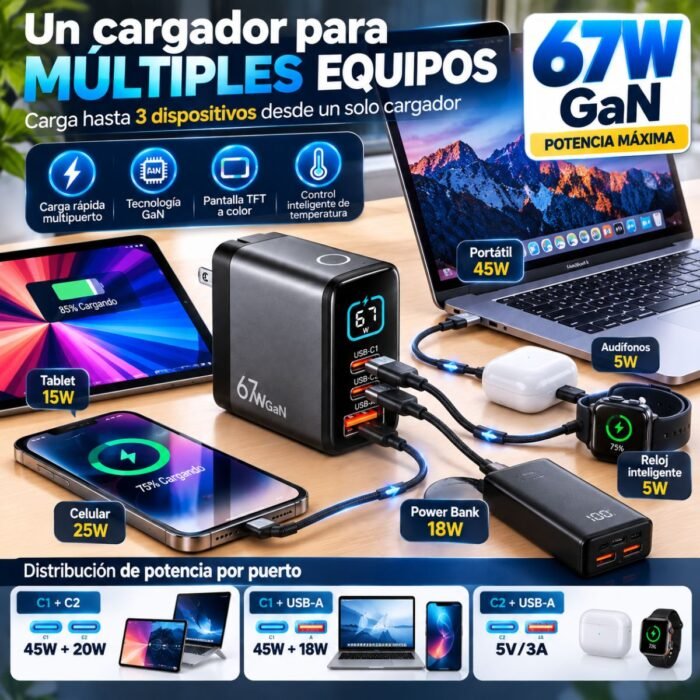 Cargador Rápido GaN 67W con Pantalla TFT – 2 USB-C + 1 USB-A