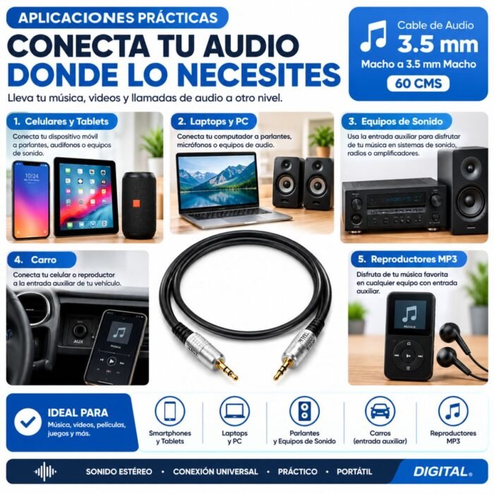 Cable de Audio DIGITAL 3.5 mm Macho a 3.5 mm Macho 60 cm Estéreo Cable de Audio DIGITAL 3.5 mm Macho a 3.5 mm Macho 60 cm Estéreo