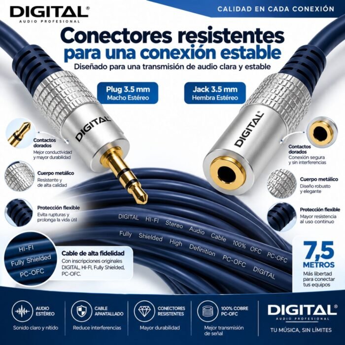 Cable Extensión de Audio DIGITAL 3.5 mm Macho Estéreo a Hembra Estéreo 7,5 Metros