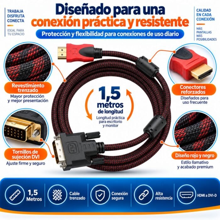 Cable HDMI Macho a DVI-D 24+1 Macho 1,5 Metros Trenzado Full HD