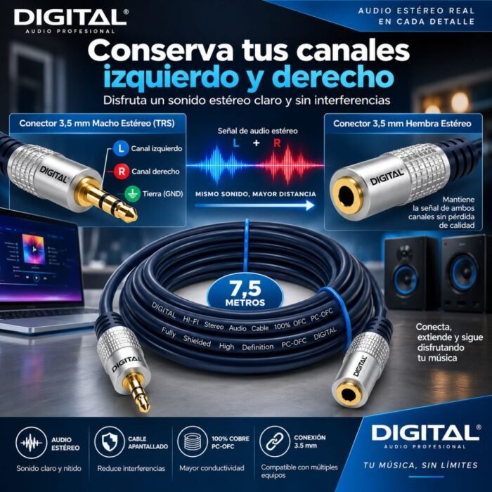 Cable Extensión de Audio DIGITAL 3.5 mm Macho Estéreo a Hembra Estéreo 7,5 Metros