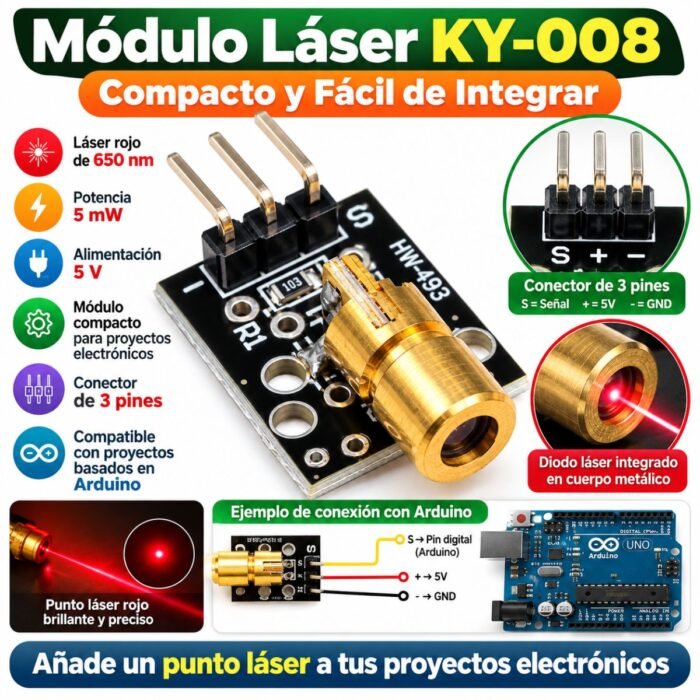 Módulo Emisor Láser KY-008 650nm 5V 5mW para Arduino