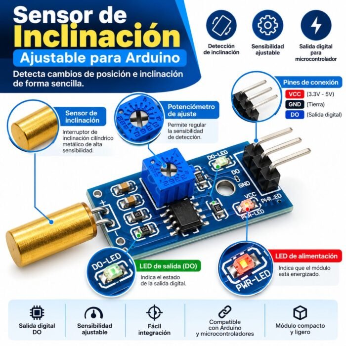 Sensores de inclinación para proyectos de electrónica, robótica y automatización. Permiten detectar cambios de posición y orientación en aplicaciones con Arduino y otros microcontroladores compatibles. Ideales para proyectos educativos, alarmas, prototipos y sistemas de detección de inclinación.