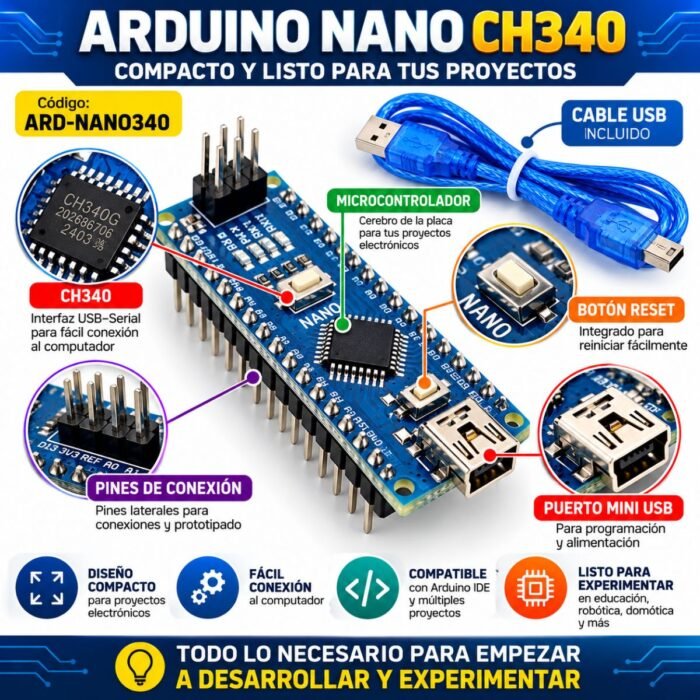 Arduino Nano CH340 Mini USB con Cable Arduino Nano CH340 Mini USB con Cable