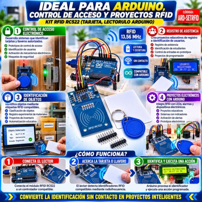 Kit RFID RC522 para Arduino con Tarjeta y Llavero de Proximidad 13,56 MHz