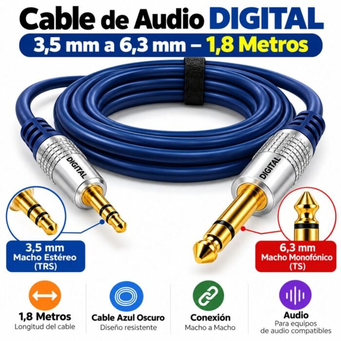 Extensión 1 macho 3,5 mm estéreo a 1 macho 6,3 mm monofónico, 1,8 m Extensión 1 macho 3,5 mm estéreo a 1 macho 6,3 mm monofónico, 1,8 m