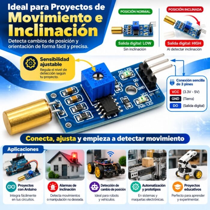 Sensores de inclinación para proyectos de electrónica, robótica y automatización. Permiten detectar cambios de posición y orientación en aplicaciones con Arduino y otros microcontroladores compatibles. Ideales para proyectos educativos, alarmas, prototipos y sistemas de detección de inclinación.