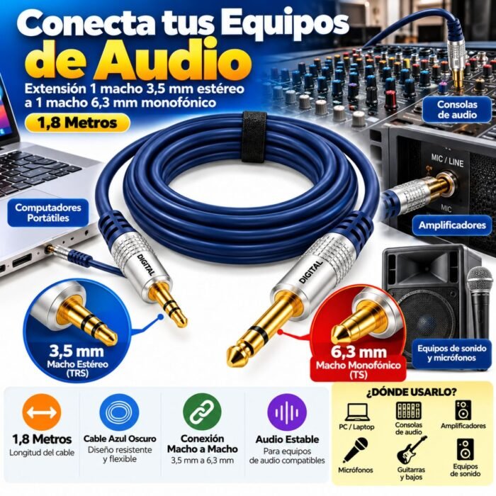 Extensión 1 macho 3,5 mm estéreo a 1 macho 6,3 mm monofónico, 1,8 m Extensión 1 macho 3,5 mm estéreo a 1 macho 6,3 mm monofónico, 1,8 m