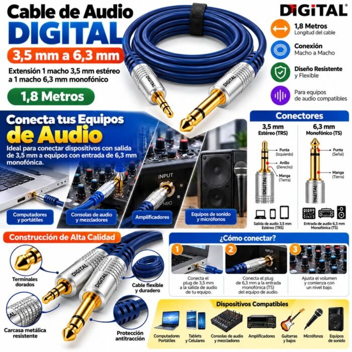 Extensión 1 macho 3,5 mm estéreo a 1 macho 6,3 mm monofónico, 1,8 m Extensión 1 macho 3,5 mm estéreo a 1 macho 6,3 mm monofónico, 1,8 m