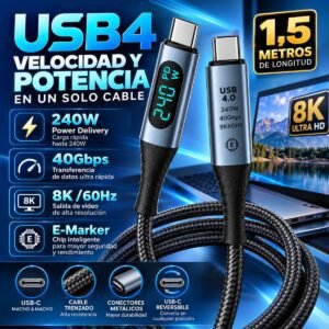 Cable USB4 Tipo C a Tipo C 1,5 m con Pantalla Digital – 240 W, 40 Gbps y 8K/60 Hz
